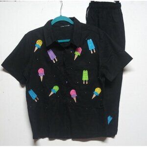 Womens Shirt Pant set Size M/L Linen blend Loungewear Ice Cream Novelty FUN EUC